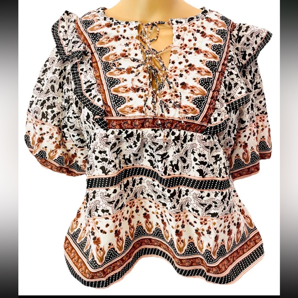 Calypso St. Barth Puff Sleeve Peasant Top S Floral Grandma Core Boho New!